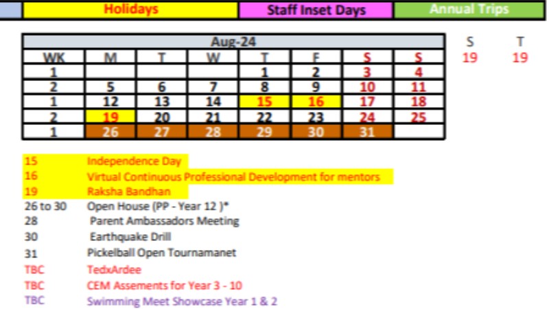 تقویم سالانه مدرسه آردی هند